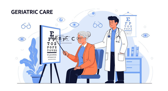 Geriatric Care: Doctor Examines Elderly Woman's Eyesight with Eye Chart
