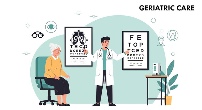 Geriatric Care: Doctor examines elderly woman's vision with eye chart in clinic