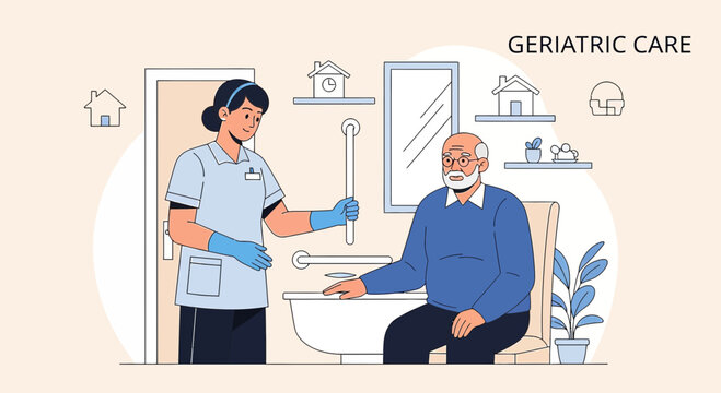 Geriatric Caregiver Assists Elderly Man in Bathroom, Promoting Independence and Dignity