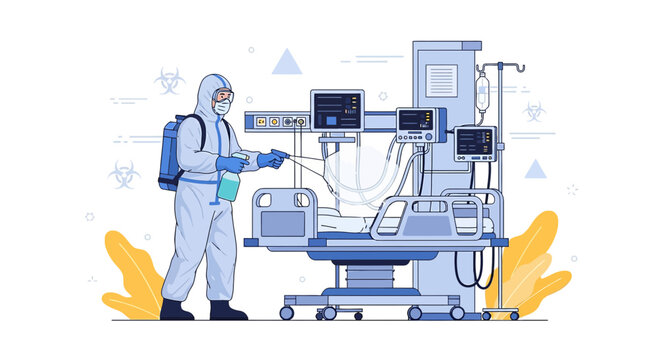 Healthcare worker in hazmat suit disinfecting ICU hospital room with medical equipment