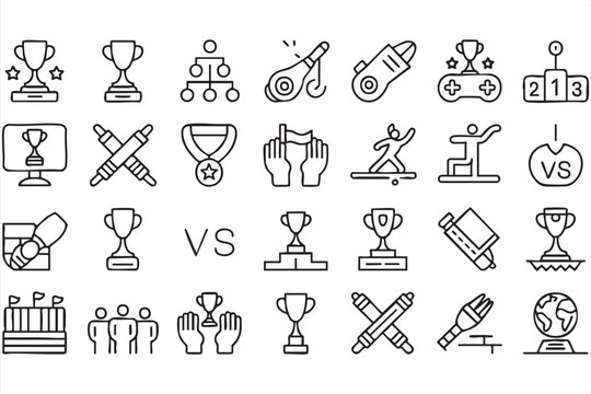 Trophy, victory and game controller line icons for gaming apps and esports UI systems