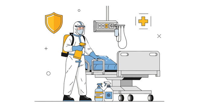 Healthcare worker in hazmat suit disinfects hospital room with medical equipment
