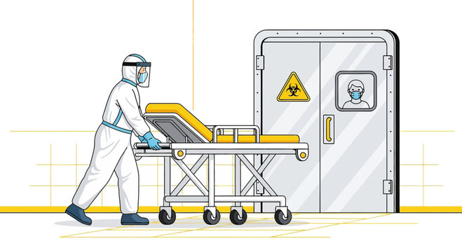 Healthcare worker in hazmat suit pushes patient stretcher towards biohazard door
