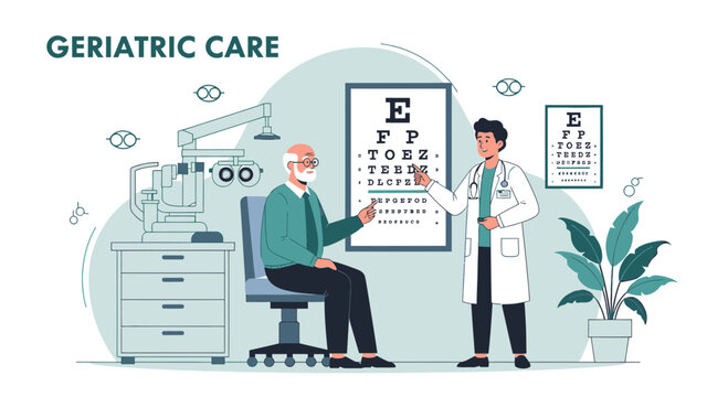Geriatric Care: Doctor Examines Elderly Man's Eyesight with Eye Chart