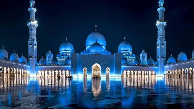 Sheikh zayed grand mosque at night with blue lights shining brightly on domes