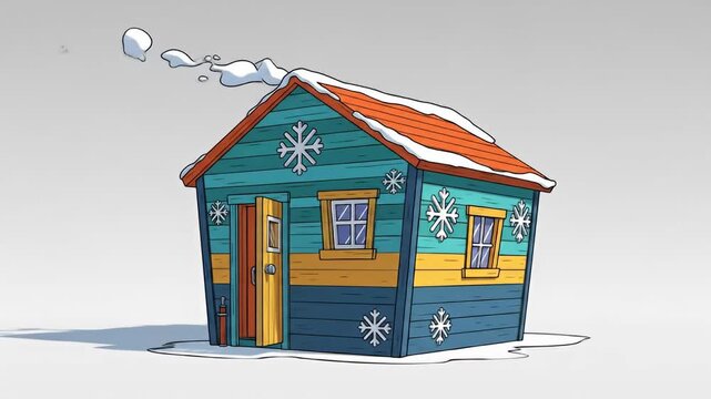 Cartoon Ice Fishing Hut in Winter Landscape Animation.