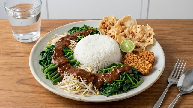 Rice with pecel vegetables and peanut sauce, colorful vegetables, clean composition, bright lighting, healthy traditional food, ultra realistic