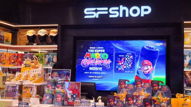 SF Cinema shop merchandise display featuring Super Mario movie character toys and official animation collectibles on April 18, 2026 in Bangkok, Thailand