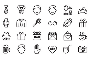 Fototapeta premium Father’s Day dad icons with gifts, accessories and celebration elements for greeting cards and UI design