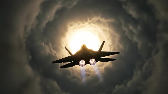 Fighter jet flying through stormy sky with lightning strikes