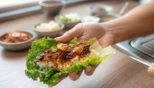 Hand holding korean bbq lettuce wrap, perfect for food blogs, restaurant promotions, and social media posts highlighting delicious asian cuisine.