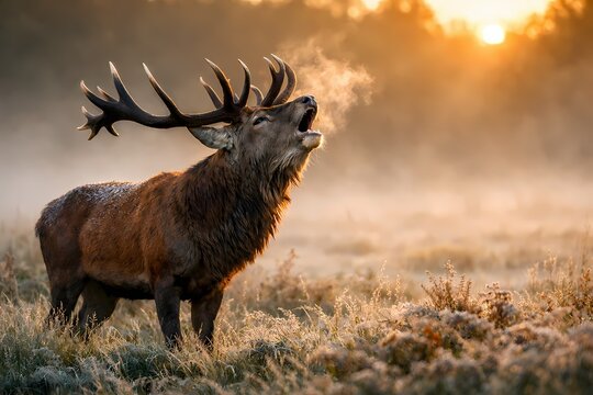 Stunning morning shot of a majestic elk bugling loudly in a frosty field illuminated by the sun. Ideal for wilderness conservation outdoor adventure blogs and wildlife photography.