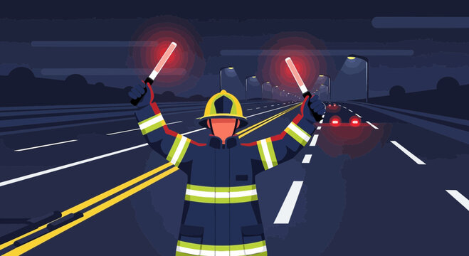 Firefighter directing traffic at night with glowing batons on a highway