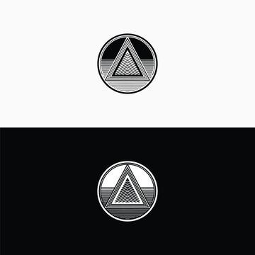 Minimalist geometric triangle logo design, abstract mountain or pyramid symbol inside a circle, vector illustration