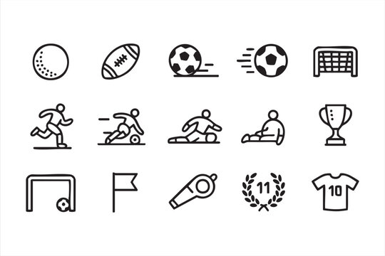 Soccer game icons with player action, referee and goal for UI systems and web platforms