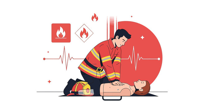 Firefighter Performs CPR on Mannequin, Emergency Medical Training Illustration