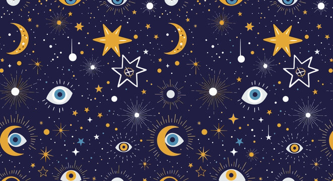 whimsical celestial pattern with stars moons and eyes on dark blue background