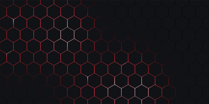 Dark gray and red horizontal hexagonal technology abstract vector background. red bright energy flashes under hexagon in futuristic modern technology wide banner.