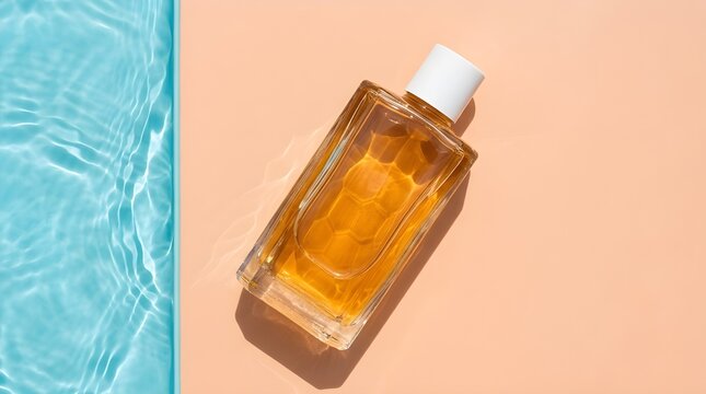 amber oil bottle on turquoise fabric texture