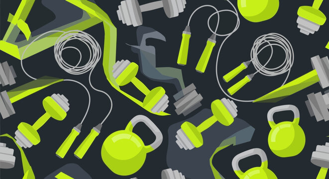 Fitness equipment seamless pattern with dumbbells jump rope and kettlebells