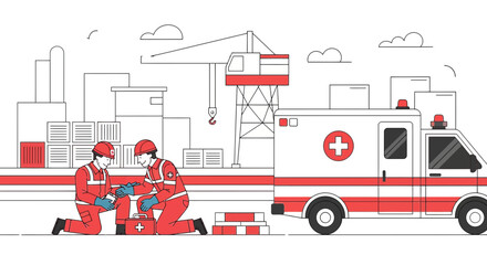 Fototapeta premium Emergency Responders Aid Injured Worker Near Ambulance at Industrial Site