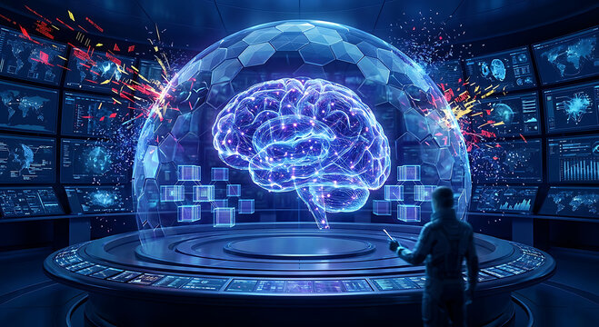 Artificial intelligence cybersecurity system featuring glowing neural network brain protecting digital data, advanced machine learning algorithms securing online infrastructure