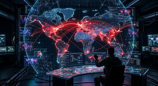 Global cyber attack visualization with world map showing interconnected network lines, data transmission flows and digital communication systems under threat, cybersecurity concept representing