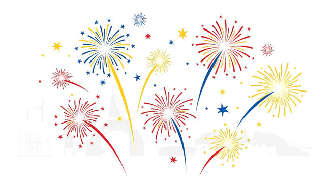 Colorful Fireworks Display with Stars on White Background