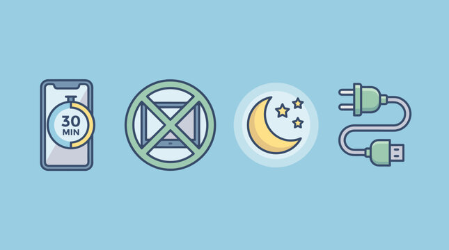 Digital wellbeing and sleep routine icon set in pixel art