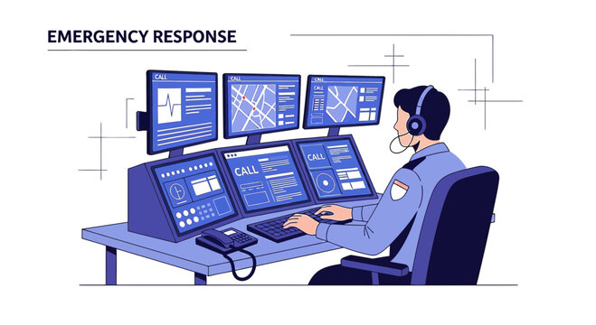 Emergency Response Operator at Command Center with Multiple Monitors