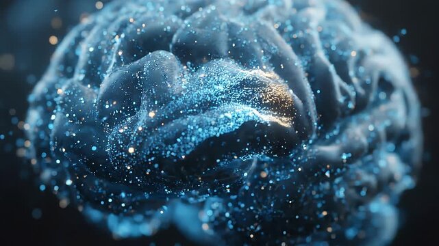 Glowing neural-like brain sculpted from blue particles and light; glittering synapses and drifting sparks create a cosmic, high-tech visualization of intelligence and data flow across nodes