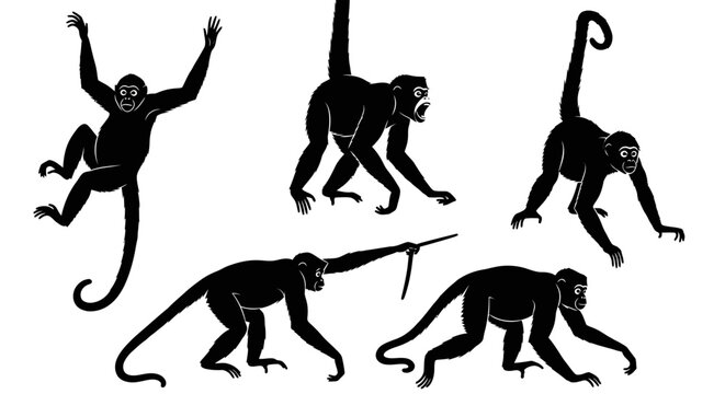 Set of Spider Monkey Silhouettes in Various Poses