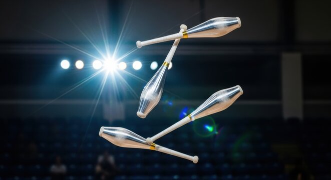 Gleaming Polished Steel Juggling Clubs in Dynamic Motion Under Stage Lights