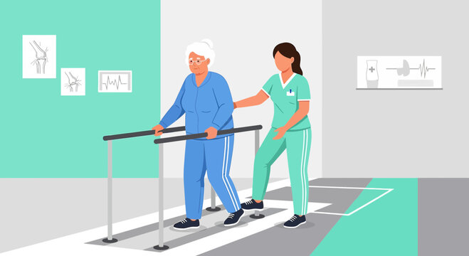 Elderly woman in physical therapy walking with parallel bars and nurse assistance