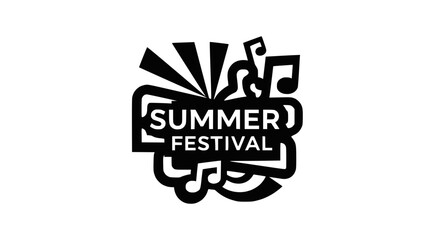 Summer Festival Logo with Music Notes and Sun Rays - Black and White © Azrha