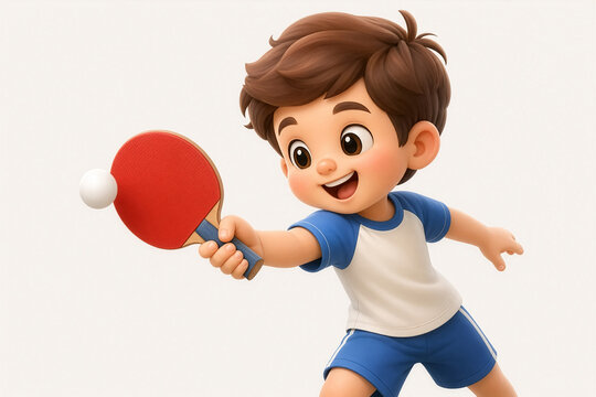 3D cartoon child playing table tennis, swinging a red paddle toward a ping pong ball, captured in a fast dynamic motion on a clean white background.