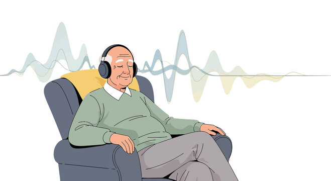 Elderly Man Relaxing with Headphones and Sound Waves Visualization