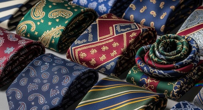 A Luxurious Collection of Designer Silk Ties Showcasing Intricate Patterns and Rich Textures