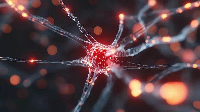 Glowing neural network: a central neuron fires red signals through clear axons, connecting to distant nodes with warm orange bokeh, evoking electric communication and brain activity. Awaken