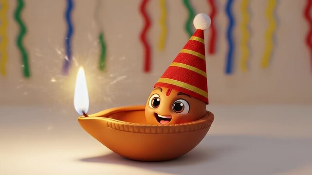 Cartoon-style oil lamp with a smiling face wearing a party hat, and lit wick