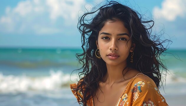 A woman with long brown hair standing by the ocean
