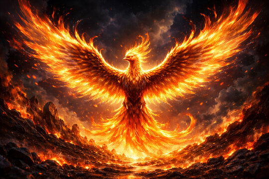 Majestic mythical fire phoenix bird rising from flames with vibrant glowing orange and yellow wing