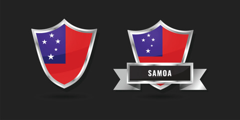 Obraz premium Samoa National Flag Shield and Ribbon Badge - Realistic Metallic Samoan Emblem Vector Illustration