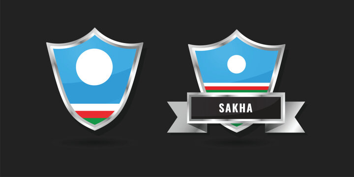 Sakha Republic Flag Shield and Ribbon Badge - Realistic Metallic Yakutia Emblem Vector Illustration