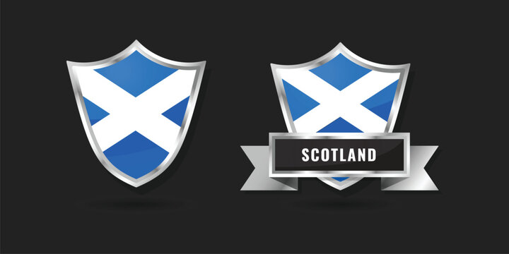 Iconic Scottish Saltire (St. Andrew&rsquo;s Cross) flag presented in a realistic metallic shield with a silver ribbon banner. Professional high-quality vector for British/Celtic heritage.