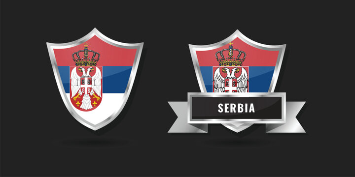 High-quality 3D metallic shield and ribbon featuring the national flag of the Republic of Serbia with its double-headed eagle coat of arms.
