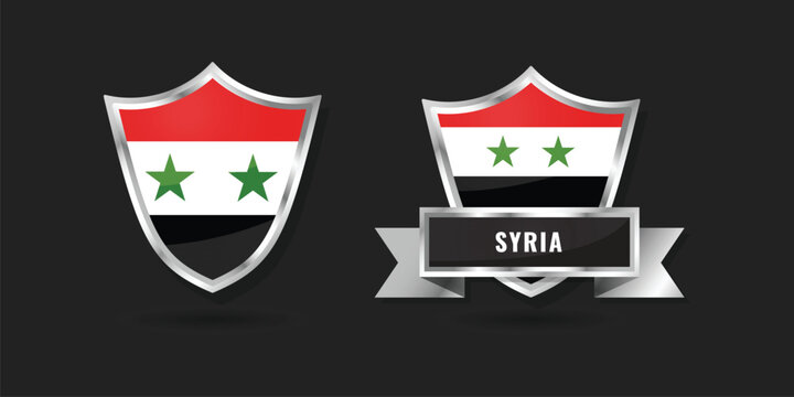 Premium glossy silver shield icons featuring the Syrian Independence flag with three red stars. Professional vector badge representing Syrian national identity and revolutionary history.