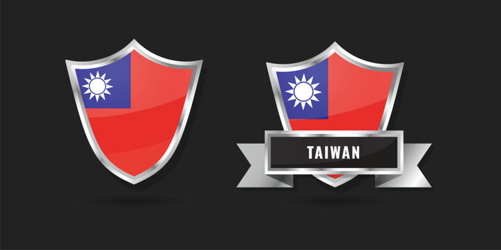 Premium glossy silver shield icons featuring the flag of Taiwan (Republic of China). Professional vector badge for Taiwanese identity and the Blue Sky White Sun symbol.