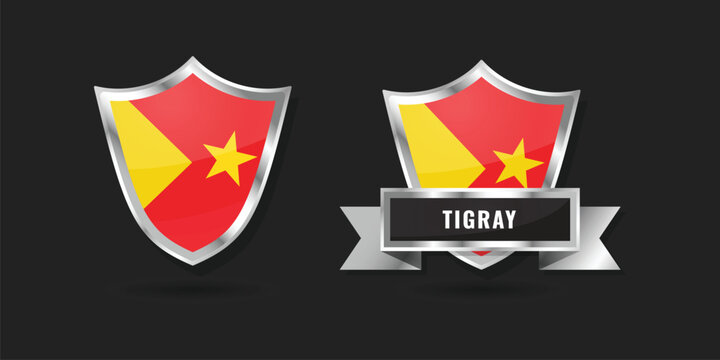 Glossy silver shield icons featuring the flag of the Tigray Region. Premium vector design for Tigrayan cultural identity and regional symbols in Northern Ethiopia.