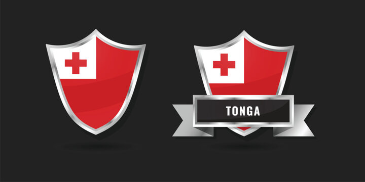 Premium glossy silver shield icons featuring the national flag of Tonga. Professional vector badge set for Tongan national symbols and identity for Pacific island themes.